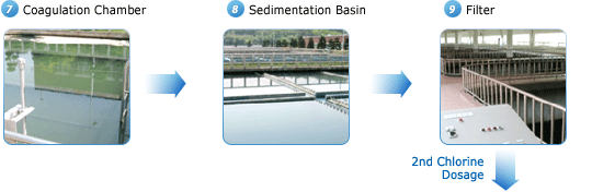 step 7,coagulation chamber. step 8,sedimentation basin. step 9,filter